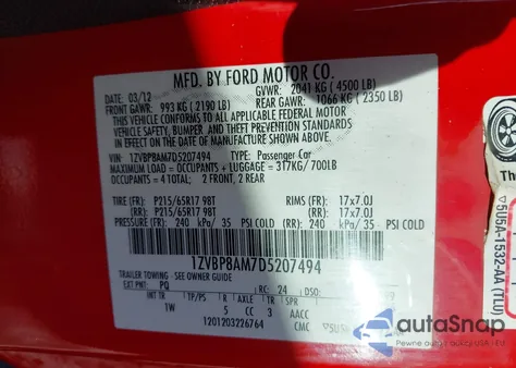 2013 Ford Mustang V6 z USA, uszkodzony, nr VIN 1ZVBP8AM7D5207494